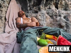 Bald dude King Noire entertains his aroused cock while stranded and alone