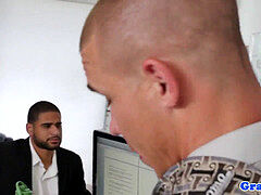 bulky manager inhaled and rimmed by employees