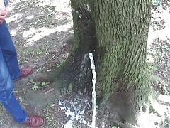 Two friends pissing together on a tree