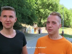 Outdoor POV threesome with two twinks