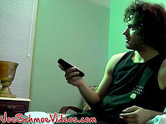 Curly hair straighty working on his immense man sausage solo