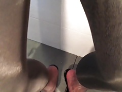 Pissing in neighbor's leggings and shiny pantyhose