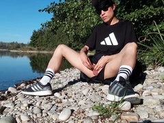 Jon Arteen Wanks Outdoor On A Pebbles Beach, The Sexy Twink Wearing Short Shorts Cums On His Thigh, And Cumplay 7 Min