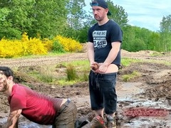 Nasty studs enjoy amateur gay public golden shower fuck fest