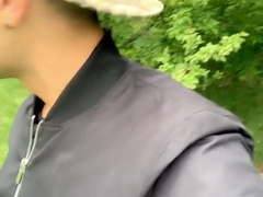 Ambling outdoor with jizz on face - jism walk and masturbate off with caked face