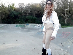 Crossdresser college girl skate park stripper