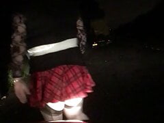 Tartan mini skirt, heels & FF stockings