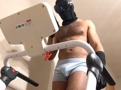 Gray briefs bulge on the treadmill showcasing muscle hunk Reece From Brum