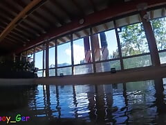 I play with my cock in a public thermal pool while people occasionally walk by. The underwater views are very beautiful.