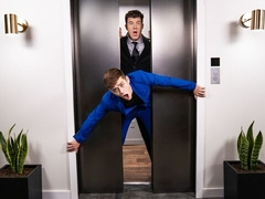 Businessmen JJ Knight and Joey Mills fuck in an elevator