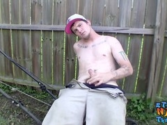 Handsome guy Lex Lane drains his cock outdoors