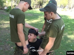 Horny soldiers take turns on fucking intruder Rene Sava tight ass