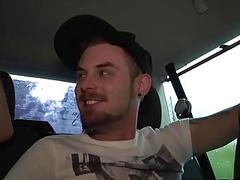 Cute gay hammered in mini van threesome