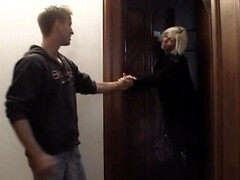 Mature blonde woman invites the young neighbour for sex