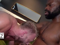 Bareback interracial threesome with white submissive bottom and black dominant top