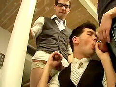 A stunning three way of offic etwinks are inhaling eachother