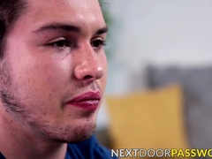 Sensual young homo tugs big cock slowly until he cums