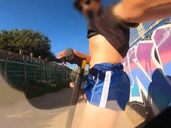 Eccentric dude jerks with his scooter and flashes his hard-on to the whole vicinity