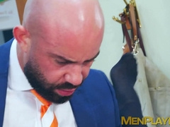 Inked Bruno Max fingered and fucked the pink hole of suited Ricky Hard