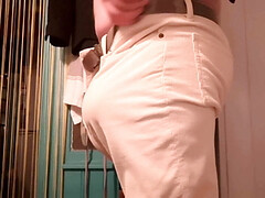 See thru underwear and corduroy trousers