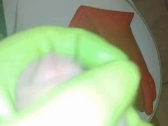 Green rubber glove wank with big cock