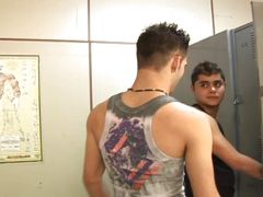 In the locker room two cute guys have incredible oral and anal sex with powerful and long lasting orgasm