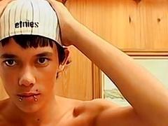 Pierced emo twink jerking big cock solo