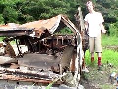 Skinny twink takes his clothes off in nature to masturbate