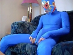 Hooded Fellow in Blue Zentai Suit Masturbates Meaty Chisel