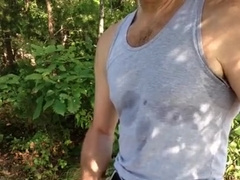 Public getting off in the forest - fapping off by the water and spunking.