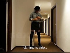 Crossdresser strip & walk thru hotel hall in lingerie