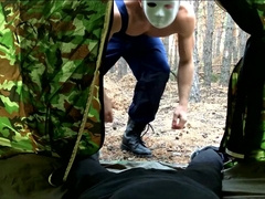 Hooded villain pummels heavy-breathing traveler in the forest HORROR PORNO