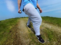 Freeballing walk in nature with a yam-sized sweatpants erection