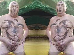 Chubby Euro gay Pascal masturbates to gay music outdoors in stocking and lingerie