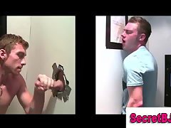 Gay giving handjob gets cum facial at gloryhole from straight guy