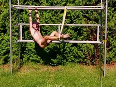 Uncut, Unmasked Slave Exposed Outdoor In Penis Cage Doing Fitness Tied Up Bdsm 4 Min With Solo Boy