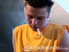 Smoking and uncut cock  stroking by young Stone Solo session