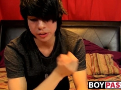 Young man tugs on his cock vigorously after kinky interview