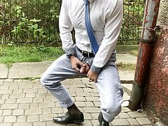 outdoor pissing in suit and tie