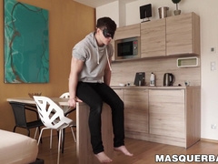 Masked muscular dude Victor strokes his huge cock solo