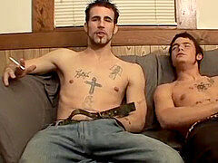 Two straight guys stroking their meatpipes until spilling jizz