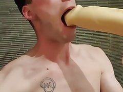 Cameron sucks huge dildo