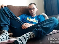Nerdy Boy with A Big Dick Is Horny, Masturbates in Cute Socks and Underwear and Cums Hard