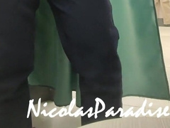 In the fitting apartment with the curtain open, I jizz sans my mitts. Bare in public