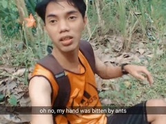 Big cock man jerks off in nature while receiving outdoor amateur blowjobs