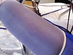 Sissy in spandex tied to bed and milked by machine