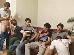 Six cute twinks get together for a cock sucking party
