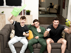 Gay dudes share the couch for intriguing anal positions