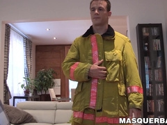 Hunky fireman slowly strips naked and wanks off his cock