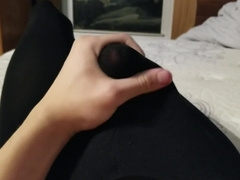 Femboy draining off and spunking thru stretch pants